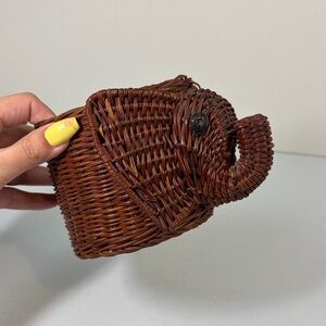 Vintage Woven Wicker Elephant Basket planter Trinket Eyes 70s 80s Owls Boho